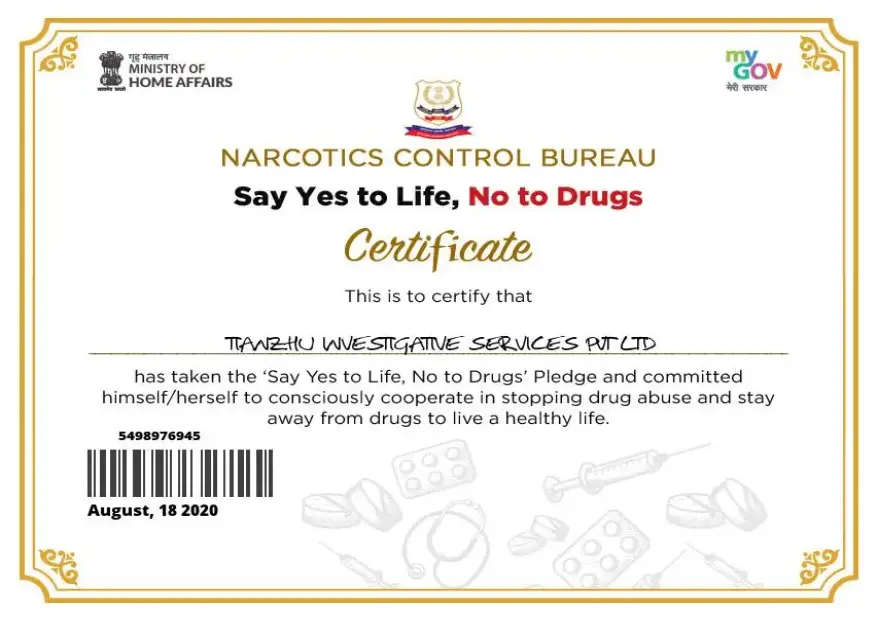 Certificate Narcotics Control Bureau Say Yes to Life, No to Drugs.