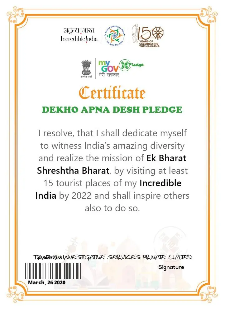 Certificate of Dekho Apna Desh Pledge.