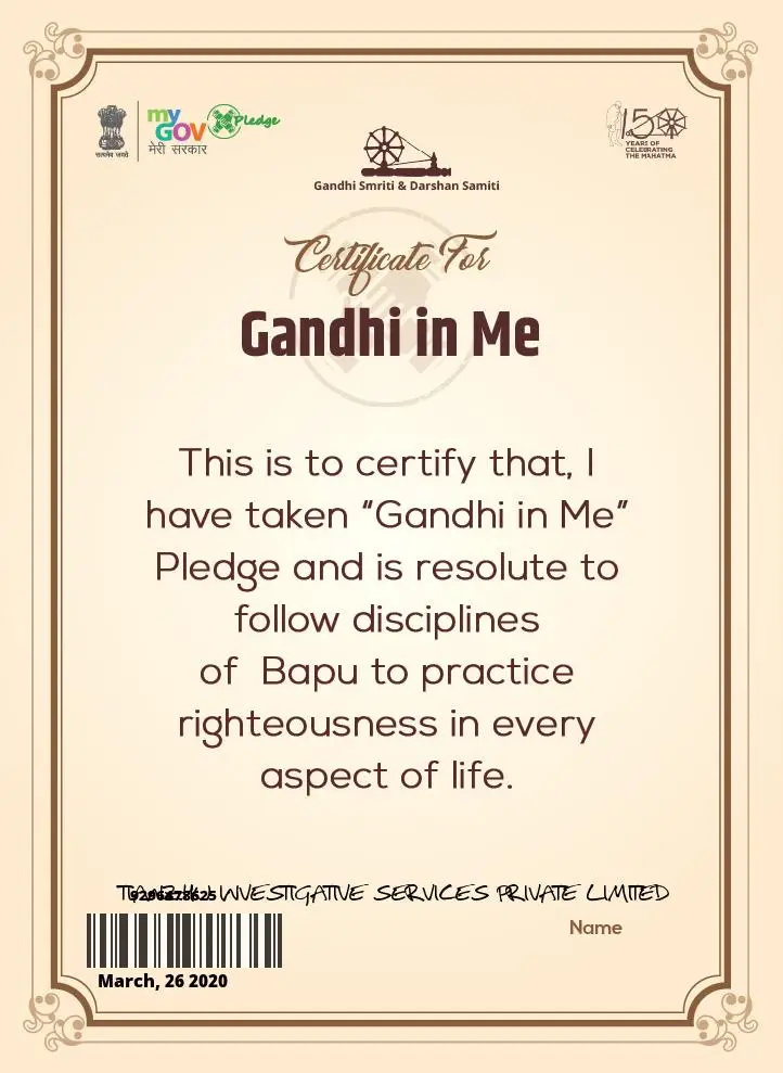 Certificate Gandhi in Me.